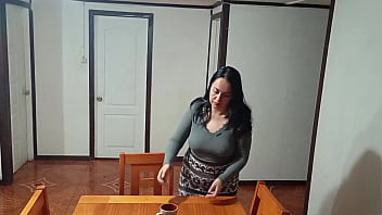 Sex before breakfast on the dining table with a stepmother taken by surprise
