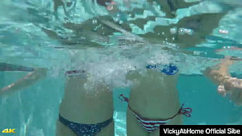 Bikini cougars vicky vette and rachel storms scissoring at the pool