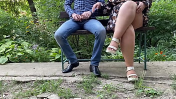 Slutty mature milf with sexy legs helps me pee while sitting on a bench
