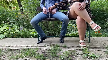 Slutty mature milf with sexy legs helps me pee while sitting on a bench
