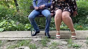 Slutty mature milf with sexy legs helps me pee while sitting on a bench