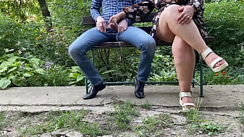 Slutty mature milf with sexy legs helps me pee while sitting on a bench