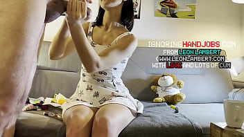 Sexy and horny skinny new wife teases a big dick by playing with balls and stroking the shaft slowly for edging