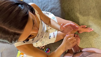 Sexy and horny skinny new wife teases a big dick by playing with balls and stroking the shaft slowly for edging