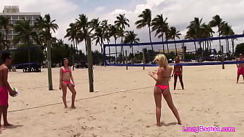 Bikini girlfriends having fun on the sun on a public beach then in a private pool Bikini girlfriends having fun on the sun on a public beach then in a private pool