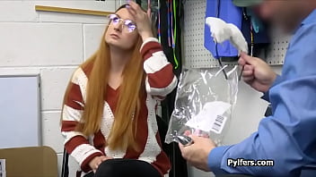 Ginger geek hottie sucks mall cops dick after getting busted for stealing stuff