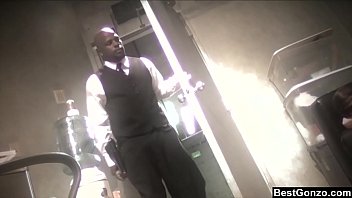 Tattoed babe gags on black cock