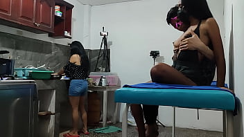 A woman visits her friend and then a neighbor arrives to have a romance at the house they touch each other and want to fuck