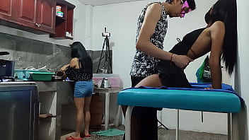 A woman visits her friend and then a neighbor arrives to have a romance at the house they touch each other and want to fuck