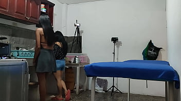 A woman visits her friend and then a neighbor arrives to have a romance at the house they touch each other and want to fuck