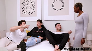 Ebony cock addict zaawaadi begs to get fucked raw by 3 hung hunks