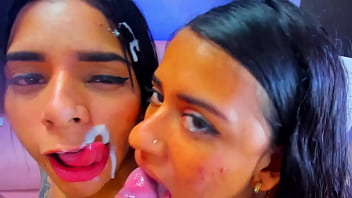 Horny friends give quick blowjobs until he cums on their faces