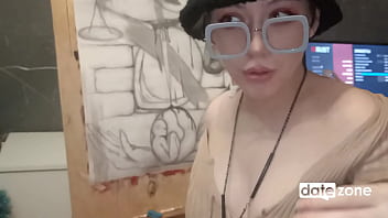 Amateur artist oils her perky boobs