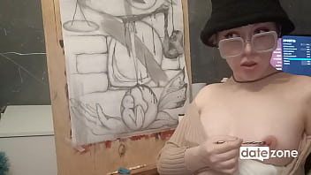 Amateur artist oils her perky boobs