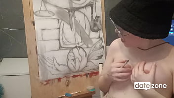 Amateur artist oils her perky boobs