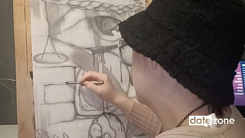 Amateur artist oils her perky boobs