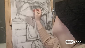 Amateur artist oils her perky boobs