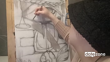 Amateur artist oils her perky boobs