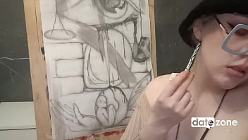 Amateur artist oils her perky boobs