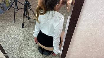 Fucking secretary through pantyhose hole and cum on legs