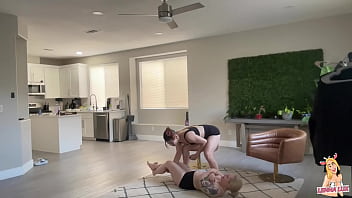 Hot chick wrestles & deadlifts tiny bratty friend