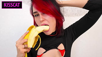 Trying blowjob on banana ended sloppy deepthroat with cum swallow