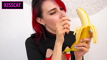 Trying blowjob on banana ended sloppy deepthroat with cum swallow