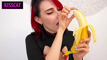 Trying blowjob on banana ended sloppy deepthroat with cum swallow