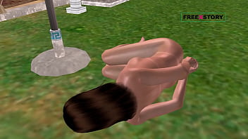 An animated 3d cartoon porn video of a cute girl laying on ground and masturbating using cucumber