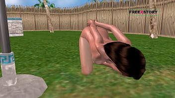 An animated 3d cartoon porn video of a cute girl laying on ground and masturbating using cucumber