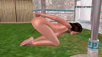 An animated 3d cartoon porn video of a cute girl laying on ground and masturbating using cucumber