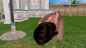 An animated 3d cartoon porn video of a cute girl laying on ground and masturbating using cucumber