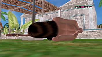 An animated 3d cartoon porn video of a cute girl laying on ground and masturbating using cucumber