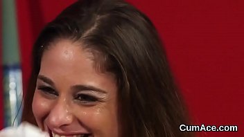 Horny hottie gets cumshot on her face gulping all the jizm