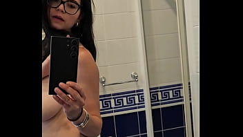 Solo masturbate and huge orgasm making in the mirror in the hotel bathroom