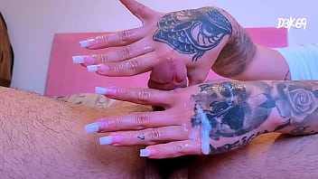 Hand edging masturbation on big oily cock closeup