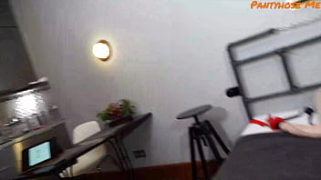 Girl tied up to bed and fucked in ripped black pantyhose