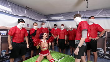 Cheerleader slut fucks entire football team and gets covered in cum part 1
