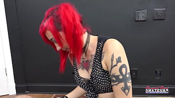 Inked redhead coed jackie deepthroats a big boner and swallows the cumshot