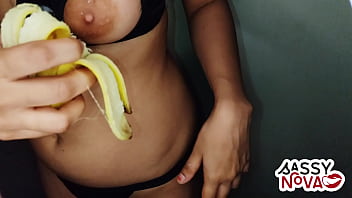 Sexy teen amateur girl play with banana in her body and pussy wearing sexy lingerie bra panty