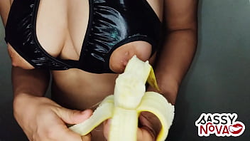 Sexy teen amateur girl play with banana in her body and pussy wearing sexy lingerie bra panty