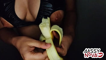 Sexy teen amateur girl play with banana in her body and pussy wearing sexy lingerie bra panty