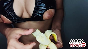 Sexy teen amateur girl play with banana in her body and pussy wearing sexy lingerie bra panty