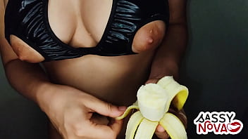 Sexy teen amateur girl play with banana in her body and pussy wearing sexy lingerie bra panty
