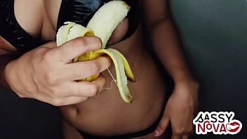 Sexy teen amateur girl play with banana in her body and pussy wearing sexy lingerie bra panty