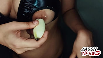 Sexy teen amateur girl play with banana in her body and pussy wearing sexy lingerie bra panty