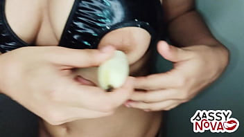 Sexy teen amateur girl play with banana in her body and pussy wearing sexy lingerie bra panty