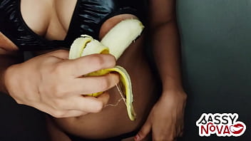 Sexy teen amateur girl play with banana in her body and pussy wearing sexy lingerie bra panty