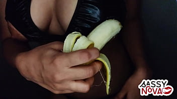 Sexy teen amateur girl play with banana in her body and pussy wearing sexy lingerie bra panty