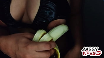 Sexy teen amateur girl play with banana in her body and pussy wearing sexy lingerie bra panty